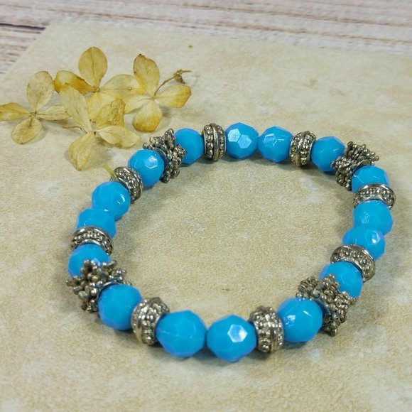 Blue & Silver Stones Beaded Bracelet Gemstones Beads Jewelry Jewel Trinket Gift - Picture 10 of 10